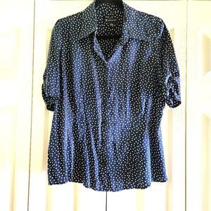 INC Silk Blend Polka Dot Blouse Midnight Blue Button Down Top Size 14
